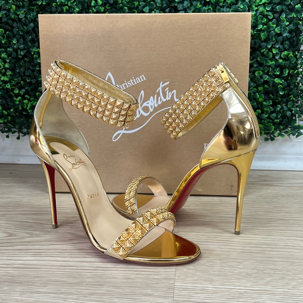 Christian Louboutin Gold Pyramid-Stud Ankle-Strap Stiletto Sandals